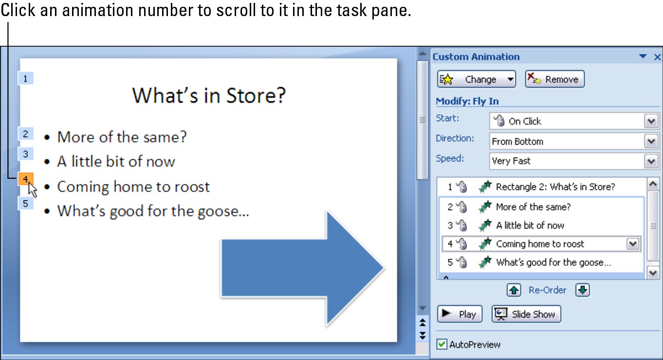 Figure 1-11: Locating an animation on the Custom Animation task pane.